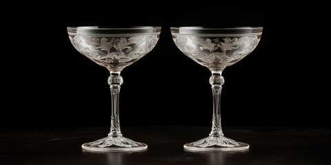 Two etched crystal glasses on a black table.