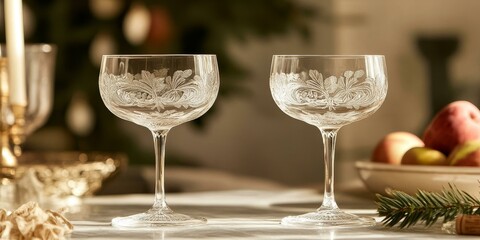 Wall Mural - Two etched wine glasses on a table.