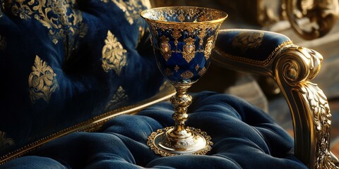 Wall Mural - Gold-trimmed goblet on blue velvet chair.