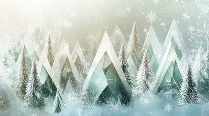 Poster - A winter wonderland showcases Christmas trees shaped as abstract triangles, surrounded by a serene, snowy atmosphere. Generative AI