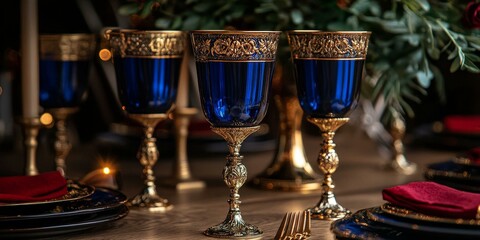 Poster - Ornate gold and blue glassware on wooden table.