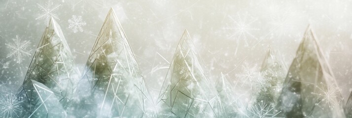 Fototapete - Abstract geometric Christmas trees of varying triangles fill a tranquil winter forest, evoking a festive and serene atmosphere. Generative AI