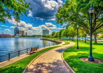 Wall Mural - A Serene Riverfront Park In Baltimore, Maryland With Lush Greenery, A Paved Path, And A View Of The Sparkling Water.