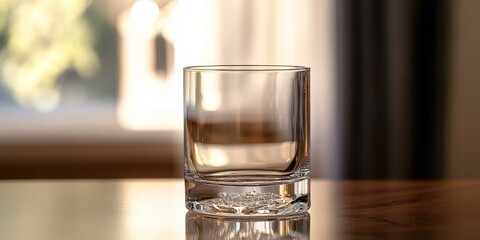 Poster - Empty glass on wooden table, blurred background.