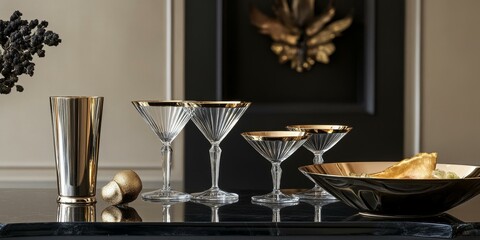 Wall Mural - Elegant gold-rimmed glasses on black table.