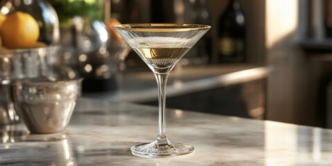 A martini glass on a marble countertop.