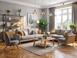 © DigitalArt Max - In a stylish apartment, a comfortable couch, matching armchair, and low-slung coffee table create a relaxing atmosphere