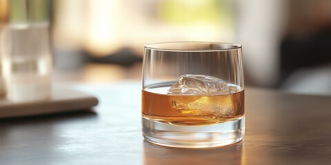 Wall Mural - A glass of whiskey with an ice cube.