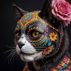 cat with colorful sugar skull face paint. Canine with festive Day of the Dead mask. Concept of celebration, Halloween, cultural tradition, pet costume, Dia de los Muertos makeup, celebration 