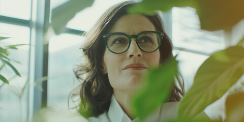 Portrait headshot of professional intelligent business woman with glasses, office interior