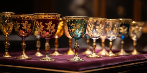 of ornate goblets with deep, rich colors, adorned with delicate gold leaf designs, resting on a velvet-lined display tray. 