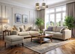© DigitalArt Max - In this cozy living room, a light-colored fabric sofa, armchair, and footrest are situated on a plush rug.