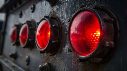 Close-up of red warning lights on a control panel.