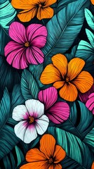 Wall Mural - colorful flowers and leaves set illustration poster background