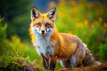 A Vibrant Image Of A Red Fox Captured In Its Natural Habitat, Showcasing Its Cunning Eyes, Alert Stance, And Bushy Tail.