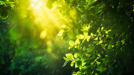 Lush green leaves of trees in a forest with sunlight shining through the branches