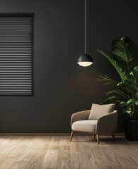 Wall Mural - The wall mock up in black represents a simple and minimal interior with wooden furniture and plants.