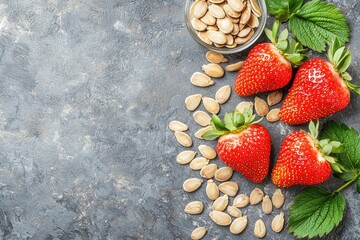 Fresh strawberries arranged with mint leaves and seeds on a textured surface, perfect for healthy living and culinary themes.