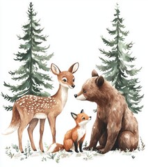 Wall Mural - Deer, fox, squirrel, green trees, pine, fir, flowers. Wild forest creatures in watercolor. Illustration for wallpaper, nursery.