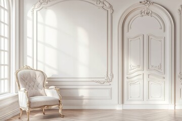 Wall Mural - Minimalist classic style bedroom rendered in 3D, with bas-relief decorations on the wall, wooden parquet, armchairs, and an oval mirror.