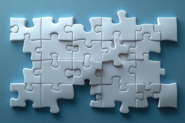 3d jigsaw puzzle mockup floating white puzzle pieces converge on clear template clean minimalist design on neutral background showcases product versatility and problemsolving concept