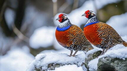 On a snowy Chongqing mountain Wang Ping ecological protection zone, two red tragopan stand