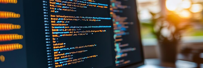 Computer program code on a monitor screen Software development background with a blurred office.