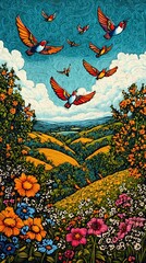 Wall Mural - saffron flowers flying in mid air illustration poster background