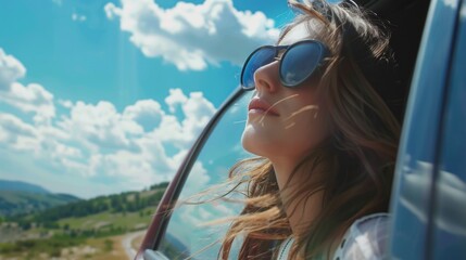 Young beautiful woman traveling by car in the mountains, summer vacation and adventure