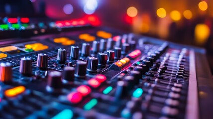 Modern sound mixer console with colorful buttons and sliders, set against the backdrop of a live music venue