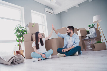 Wall Mural - Full body portrait of two young people sit floor give high five relocating moving box package new apartment indoors