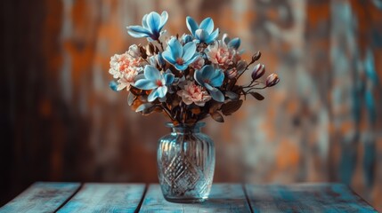 Wall Mural - A vase filled with blue and pink flowers