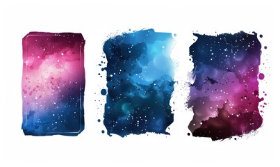 Wall Mural - Gradient vibrant colored galaxy watercolor painted grunge stains and lines set, abstract banners, rectangles set