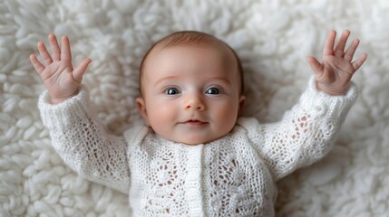 Adorable baby with joyful expression, wearing a knitted sweater, lying on a soft, cozy blanket, capturing pure innocence.