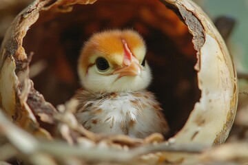 A cute baby bird peeks out from its nest, showcasing its vibrant feathers and curious expression in a natural setting.