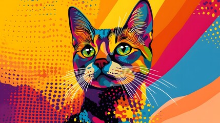 Cat illustration in vivid geometric patterns with a bright yellow background