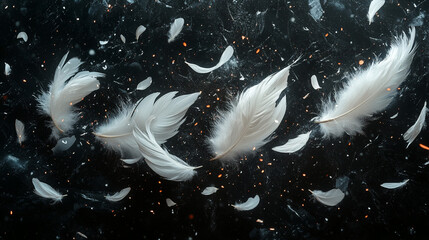 Flying white feathers on a dark background