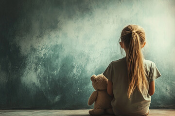 A little girl sits alone with her teddy bear, gazing at the wall in front of them. The background is a dark blue, and there is no visible light source. She has long, blonde hair tied back into pigtail