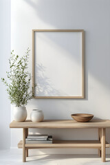 Wall Mural - Minimalist boho interior featuring a blank vertical frame for wall art mockup, potted plant, and wooden table in a sunlit room with soft shadows