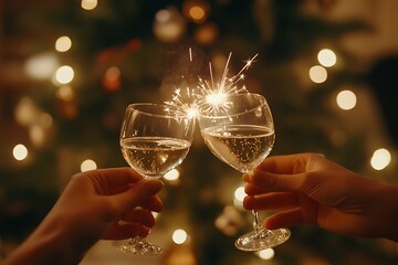 Poster -  New Year's Eve toast, a film still from the great Gatsby, depicts two hands with long nails holding champagne glasses in front of a black Christmas tree