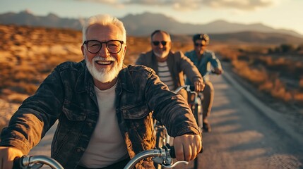 Wall Mural - Group of happy senior friends riding bikes on the road in the countryside