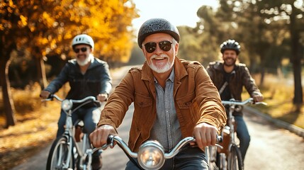 Wall Mural - Group of happy senior friends riding bikes on the road in the countryside