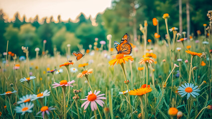 Wall Mural - morning meadow landscape with flowers butterflies. dream enchanting beautiful nature closeup. peacef