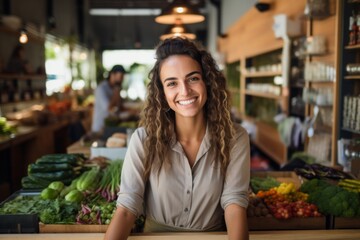 Smiling young woman working in a healthy food store