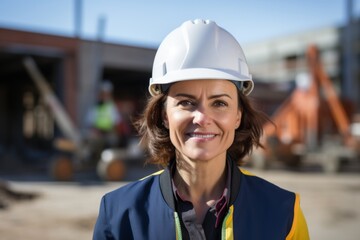 Portrait of a smiling middle aged businesswoman on construction site