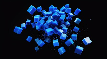 Collection of blue cubes in various sizes and a few small blue particles, set against a black background