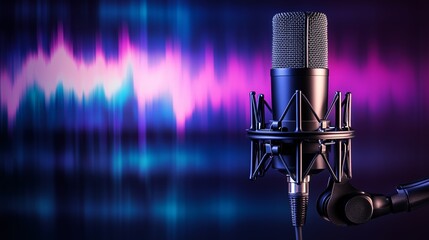 black microphone with blur purple sound wave background