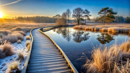 Sticker - a frosty boardwalk glistens over pudmore pond