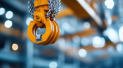 Wall Mural - Close-up of an industrial crane hook suspended by chains, set against a blurred background of what appears to be a warehouse or factory setting.