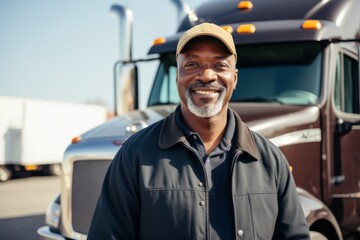 Wall Mural - Smiling portrait of a middle aged male truck driver in front of truck